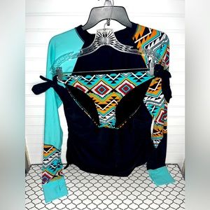 Woman’s Long Sleeve Rash Guard Tankini Top and Bikini Side Tie Bottoms! Size:XL